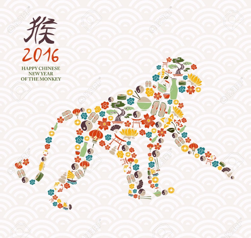 2016 Happy Chinese New Year of the Monkey asian inspired culture icons forming ape silhouette. EPS10 vector.